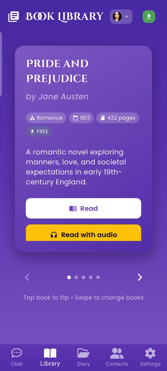 The back of the Pride and Prejudice card with Read and Read with audio