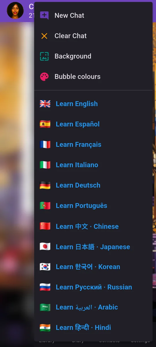 Chat menu with Learn English, Learn Español and other languages