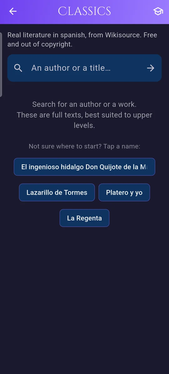 Classics search with suggestions such as Don Quijote and Lazarillo de Tormes