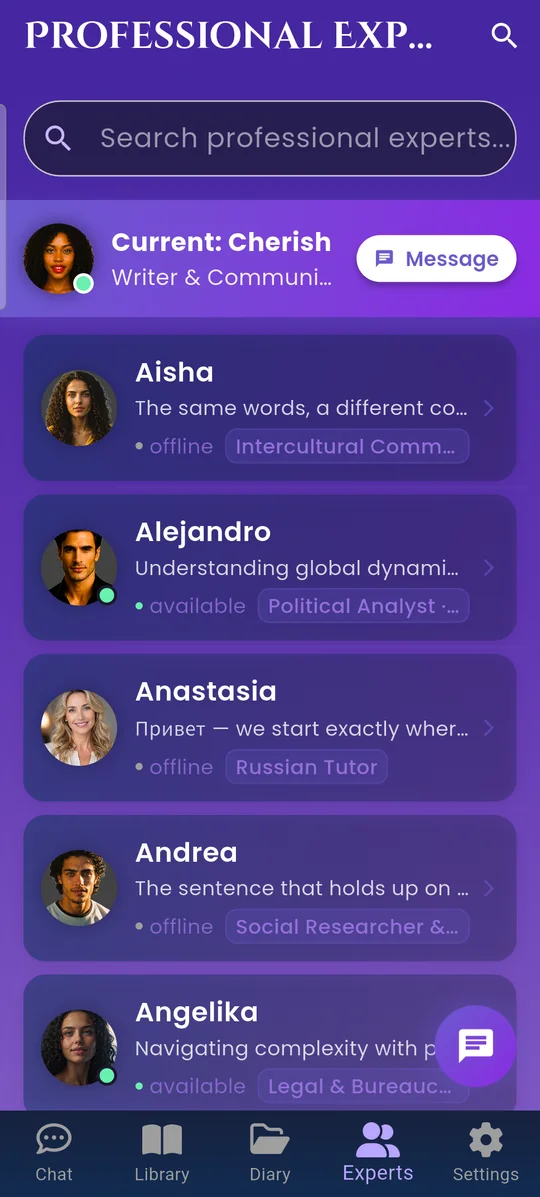 Contacts list with characters such as Aisha, Alejandro and Anastasia
