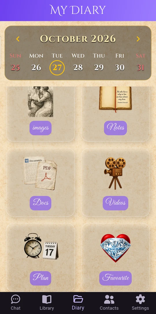 Diary tiles for Videos, Plan and Favourite