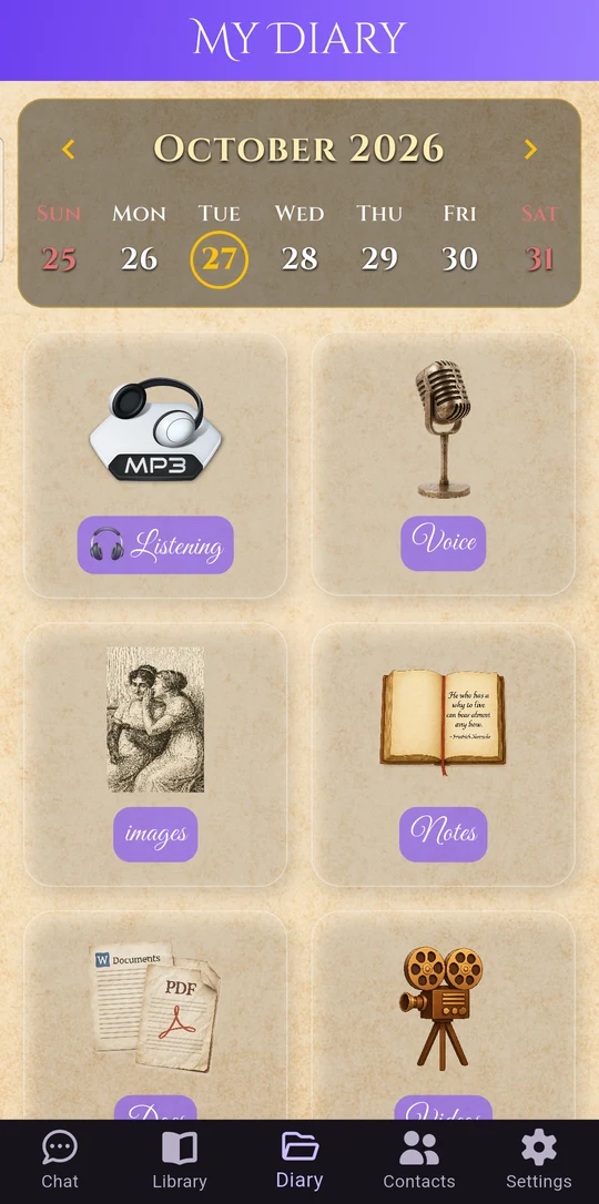 Diary with a calendar and tiles for Voice, Images, Notes and Docs