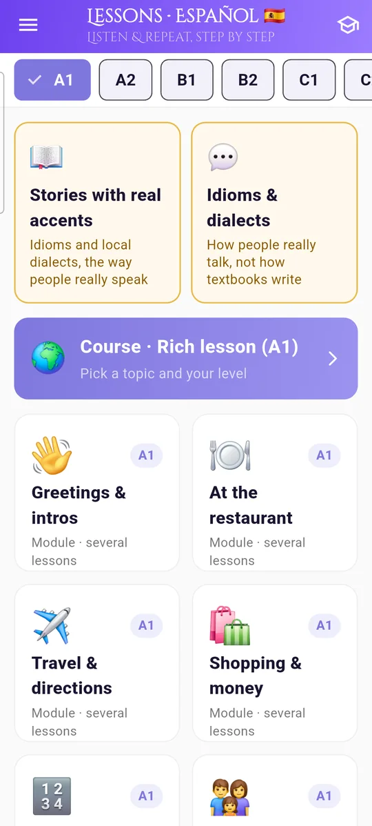 Lessons screen with level chips, Stories with real accents and Idioms & dialects