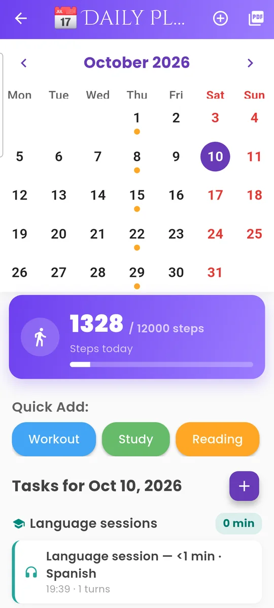 Daily plan with a calendar, steps today, quick add buttons and language sessions