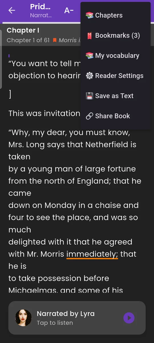 Reader menu: Chapters, Bookmarks, My vocabulary, Reader Settings, Save as Text, Share Book
