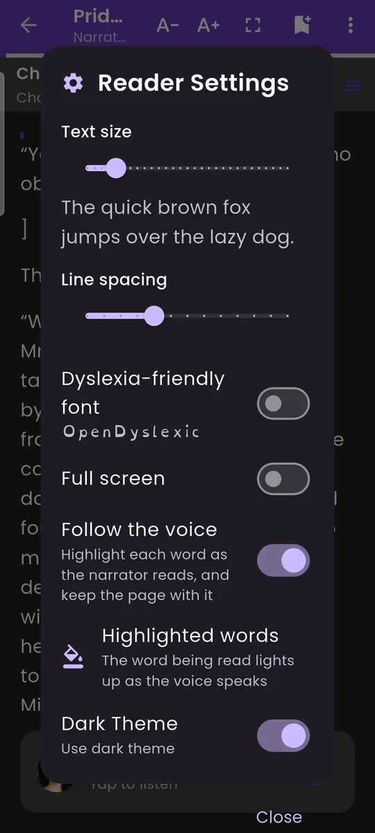 Reader settings: text size, line spacing, dyslexia-friendly font, full screen, follow the voice, highlighted words, dark theme