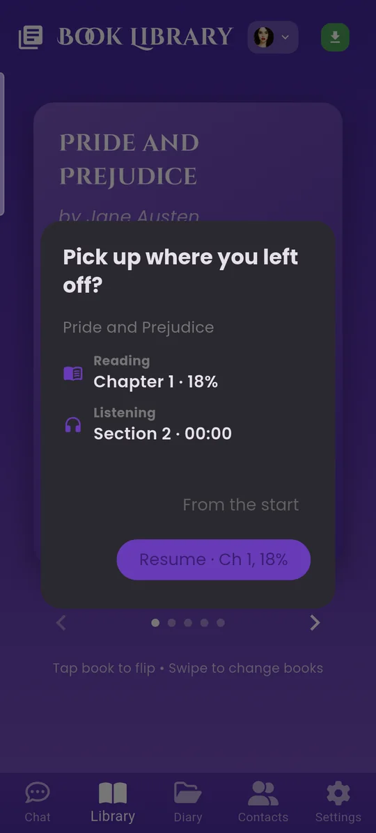 Pick up where you left off: reading chapter 1, listening section 2