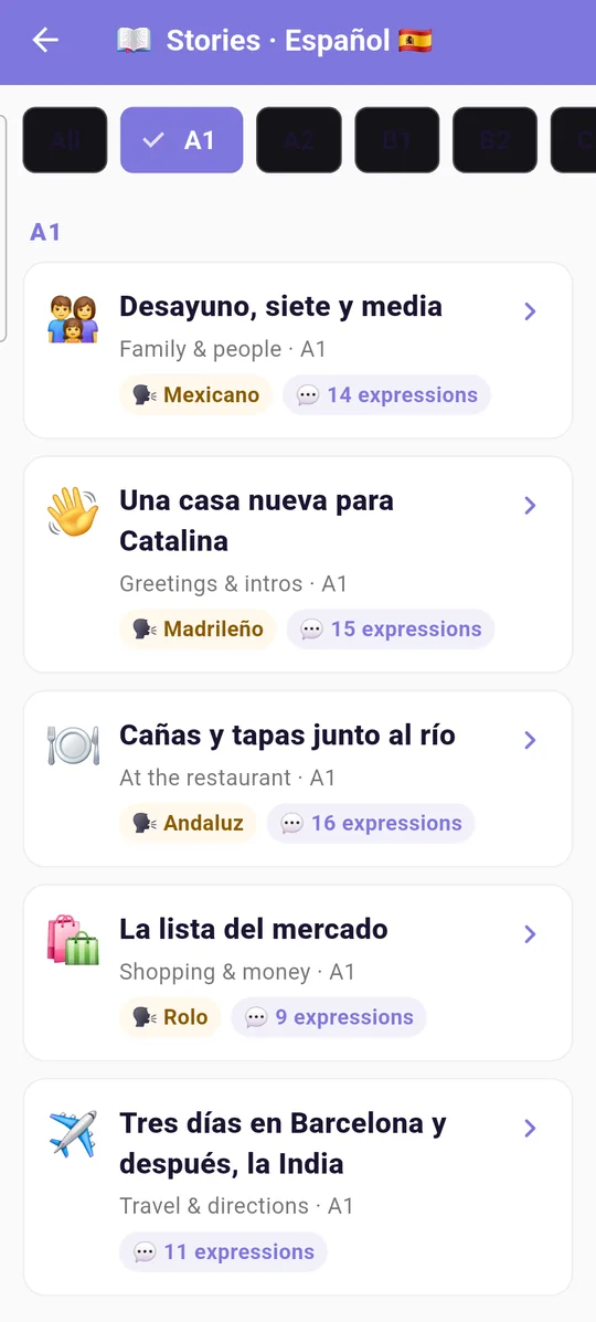 List of Spanish stories with accent labels and expressions