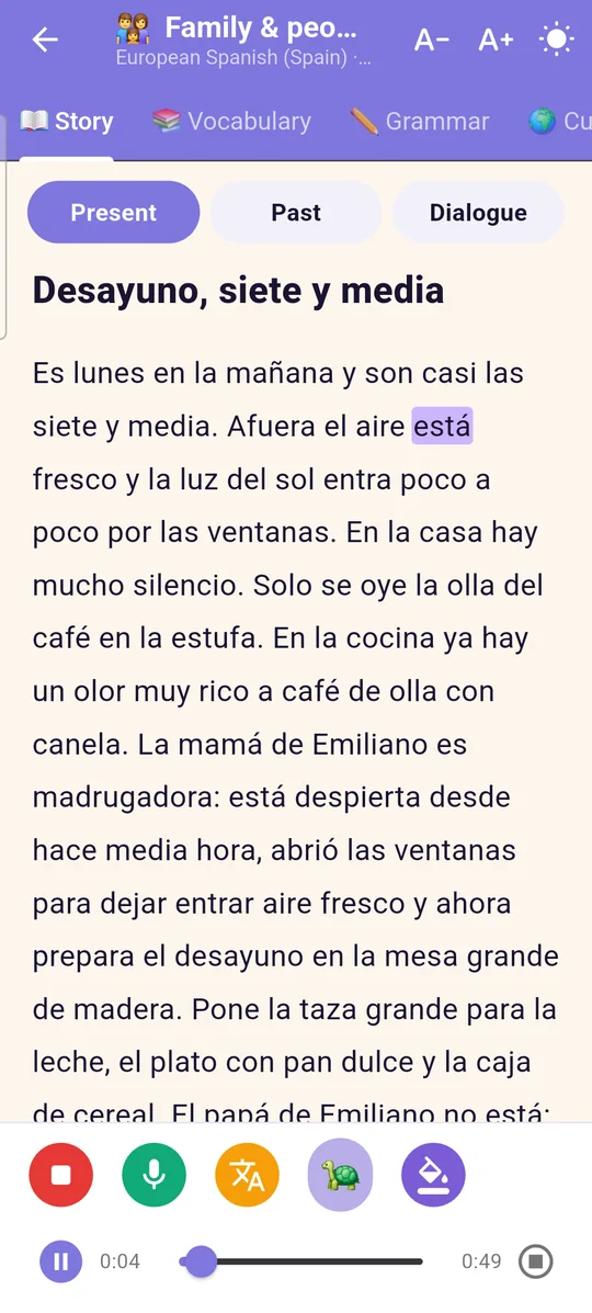 A Spanish story being read aloud with the spoken word highlighted