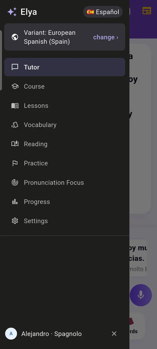 Tutor side menu: Course, Lessons, Vocabulary, Reading, Practice, Pronunciation Focus