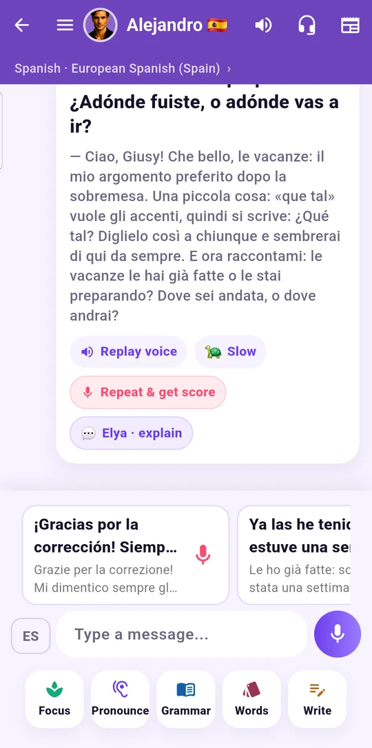 Tutor chat with Alejandro, with translation, replay, slow and score buttons